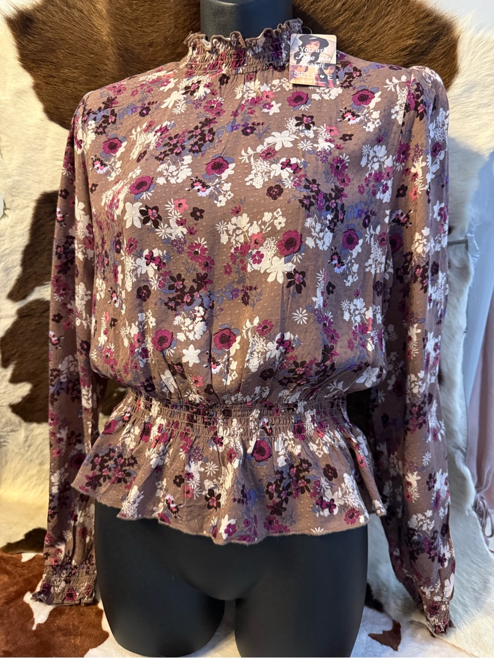 Smocked Peplum Floral Blouse in Taupe with Purple Accents